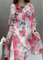 Chinese Style Red Roses Print Cotton Shirts Half Sleeve