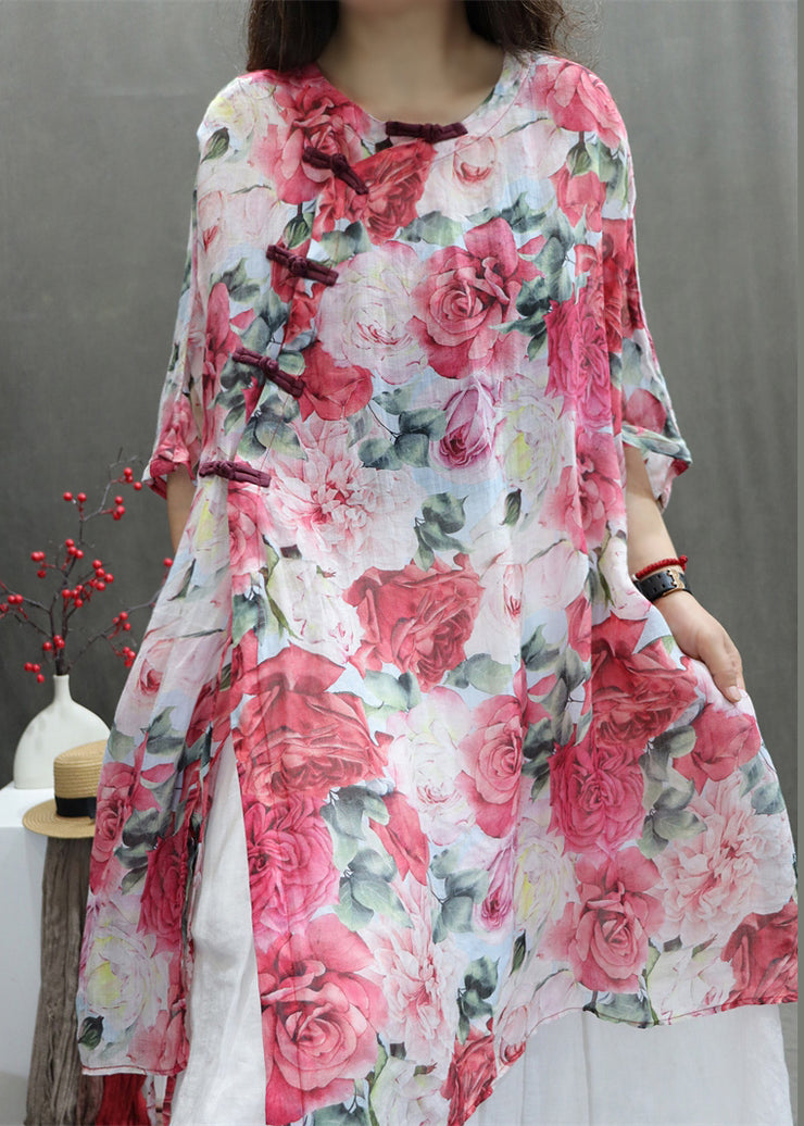 Chinese Style Red Roses Print Cotton Shirts Half Sleeve