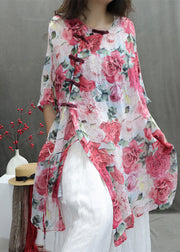 Chinese Style Red Roses Print Cotton Shirts Half Sleeve