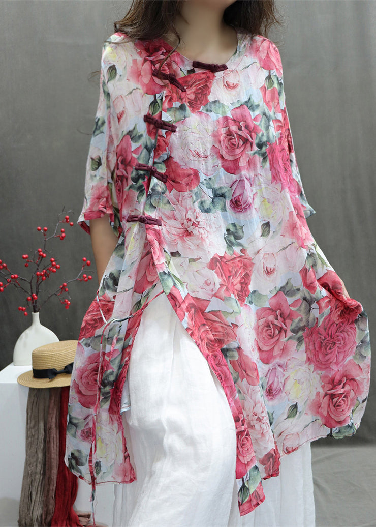 Chinese Style Red Roses Print Cotton Shirts Half Sleeve