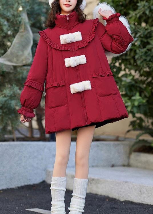 Chinese Style Red Stand Collar Ruffled Patchwork Duck Down Coat Winter