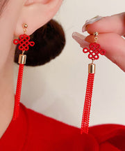 Chinese Style Red Sterling Silver Overgild Chinese Knot Tassel Drop Earrings