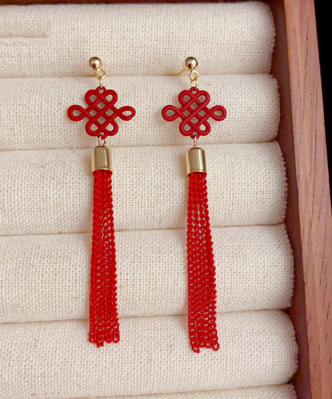 Chinese Style Red Sterling Silver Overgild Chinese Knot Tassel Drop Earrings