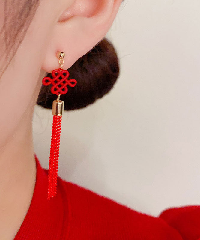 Chinese Style Red Sterling Silver Overgild Chinese Knot Tassel Drop Earrings
