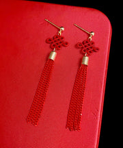 Chinese Style Red Sterling Silver Overgild Chinese Knot Tassel Drop Earrings