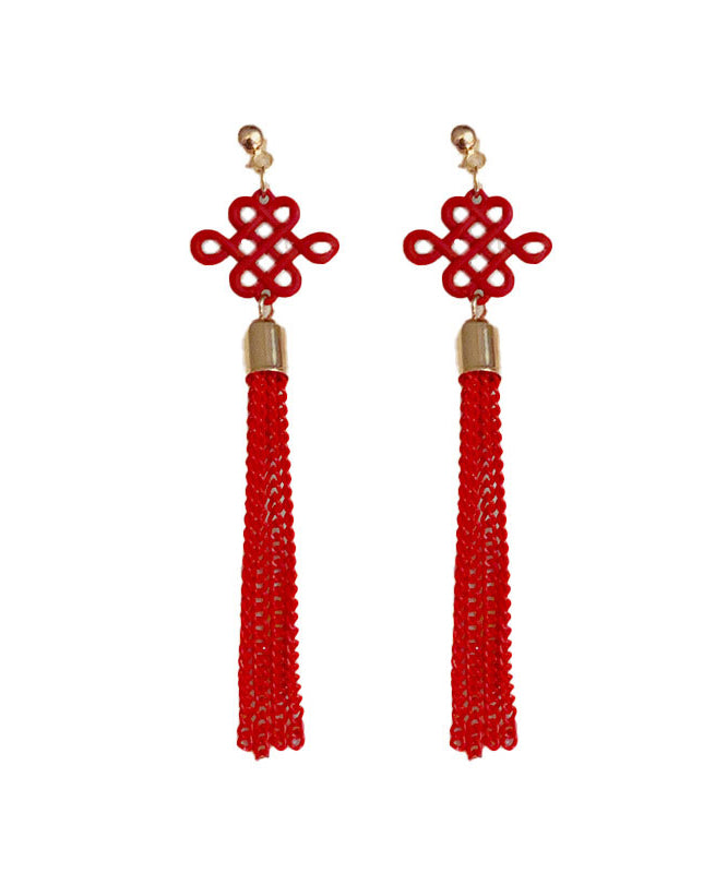 Chinese Style Red Sterling Silver Overgild Chinese Knot Tassel Drop Earrings