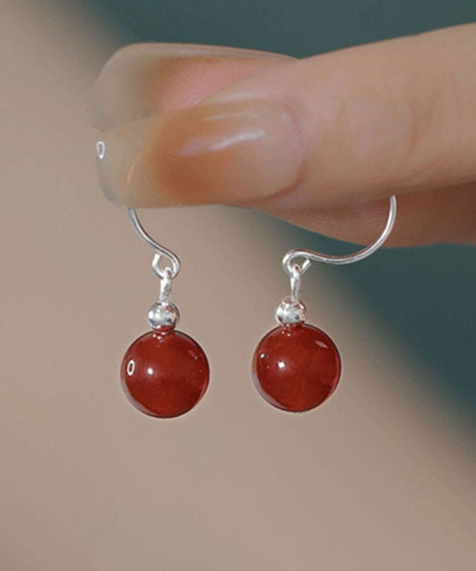 Chinese Style Red Sterling Silver Overgild Jade Drop Earrings