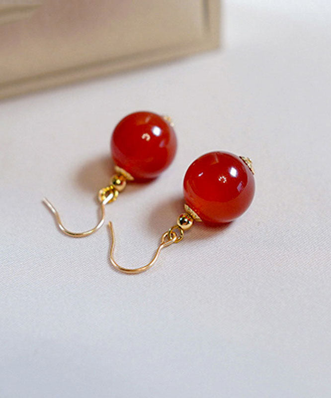Chinese Style Red Sterling Silver Overgild Jade Drop Earrings
