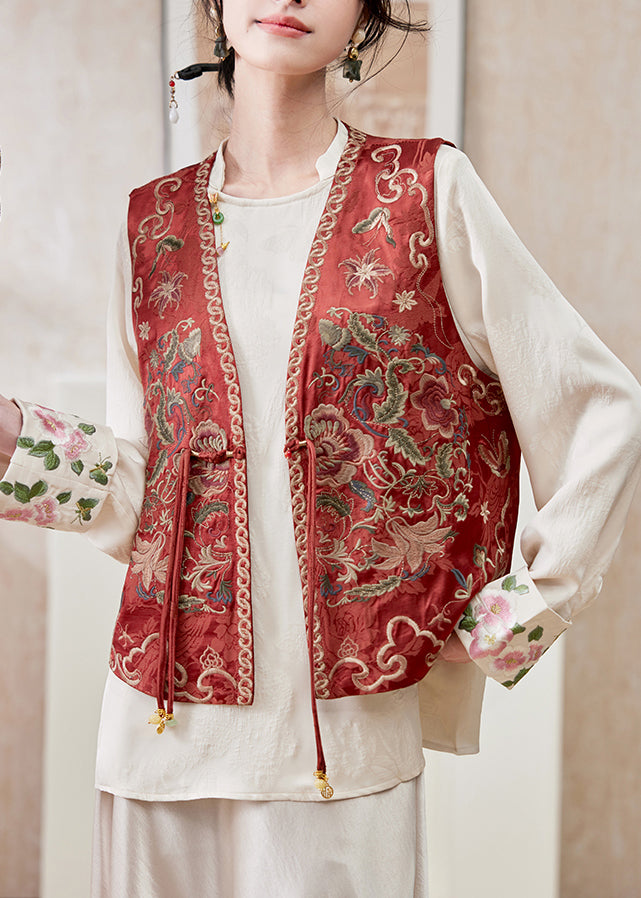 Chinese Style Red Tassel Embroideried Silk Vest Sleeveless