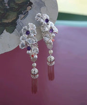 Chinese Style Silk Copper Pearl Ginkgo Leaf Tassel Drop Earrings