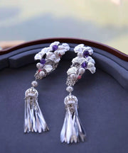 Chinese Style Silk Copper Pearl Ginkgo Leaf Tassel Drop Earrings