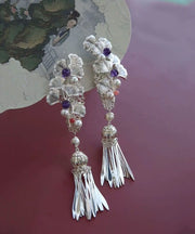 Chinese Style Silk Copper Pearl Ginkgo Leaf Tassel Drop Earrings