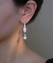 Chinese Style Silk Copper Zircon Pearl Drop Earrings