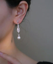 Chinese Style Silk Copper Zircon Pearl Drop Earrings