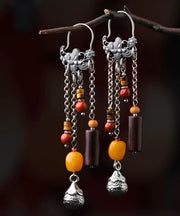 Chinese Style Silk Sterling Silver Agate Beeswax Tassel Drop Earrings