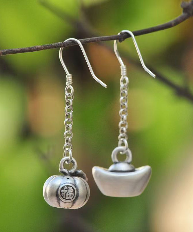 Chinese Style Silk Sterling Silver Asymmetrical Drop Earrings