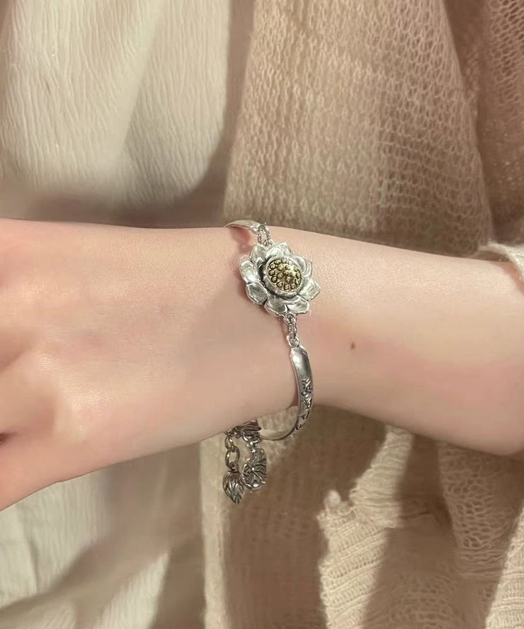 Chinese Style Silk Sterling Silver Lotus Rotatable Charm Bracelet
