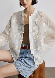 Chinese Style Stand Collar Embroidered Oriental Button Silk Shirts Fall