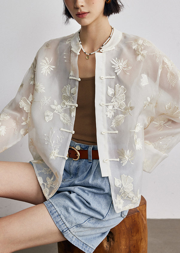 Chinese Style Stand Collar Embroidered Oriental Button Silk Shirts Fall
