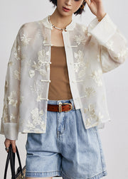 Chinese Style Stand Collar Embroidered Oriental Button Silk Shirts Fall