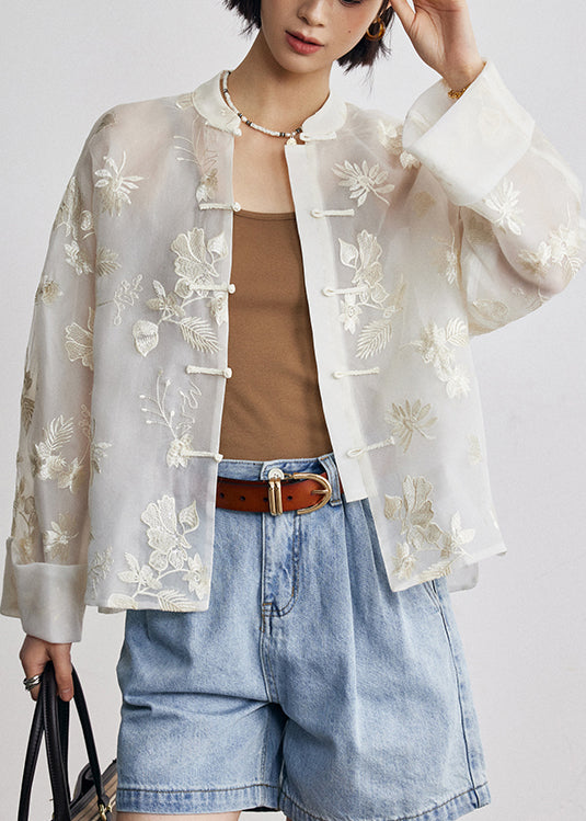 Chinese Style Stand Collar Embroidered Oriental Button Silk Shirts Fall