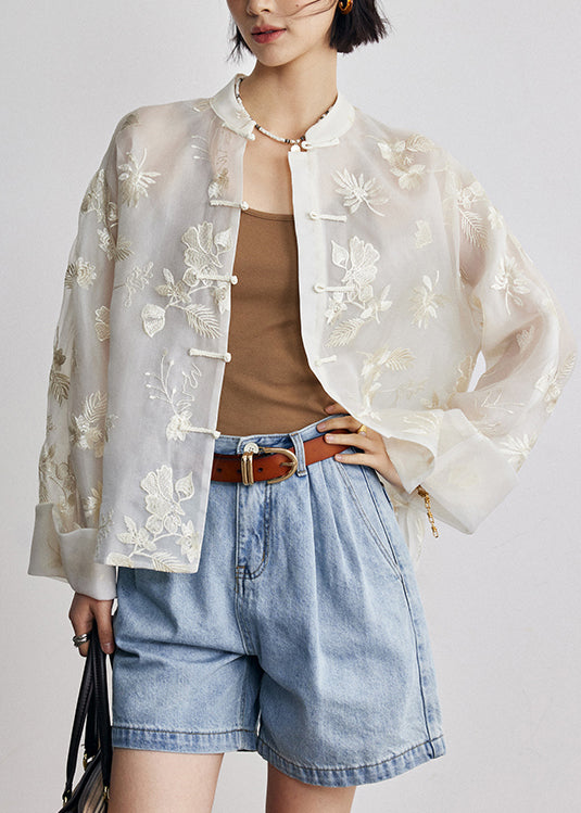 Chinese Style Stand Collar Embroidered Oriental Button Silk Shirts Fall