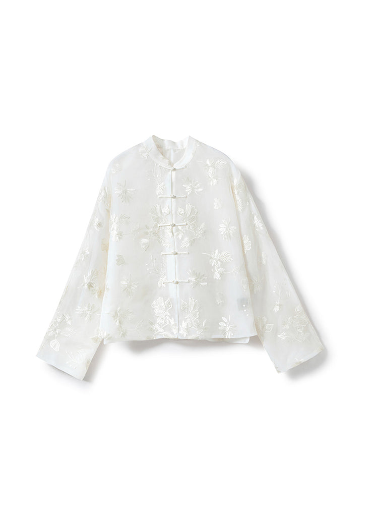 Chinese Style Stand Collar Embroidered Oriental Button Silk Shirts Fall