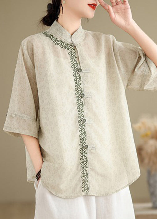 Chinese Style Stand Collar Jacquard Embroidered Cotton Top Summer