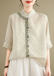 Chinese Style Stand Collar Jacquard Embroidered Cotton Top Summer