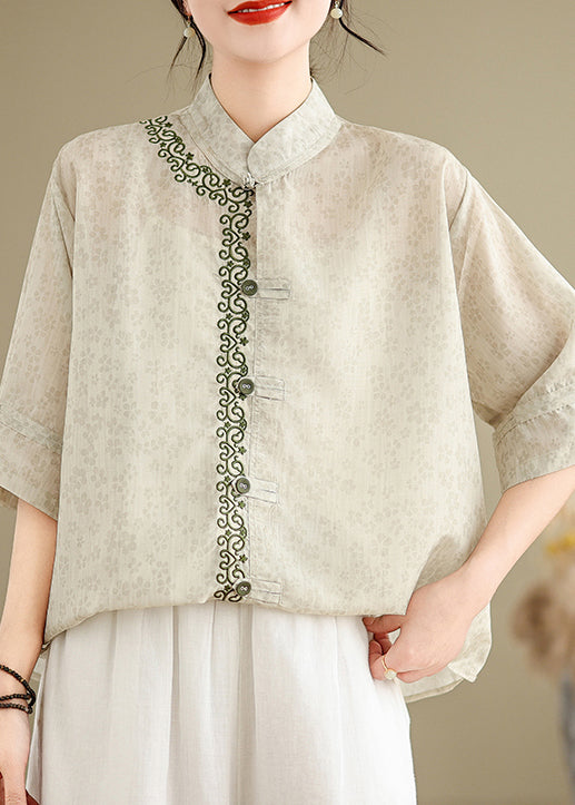 Chinese Style Stand Collar Jacquard Embroidered Cotton Top Summer