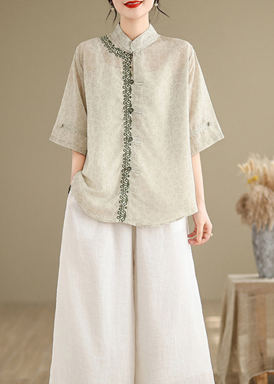 Chinese Style Stand Collar Jacquard Embroidered Cotton Top Summer