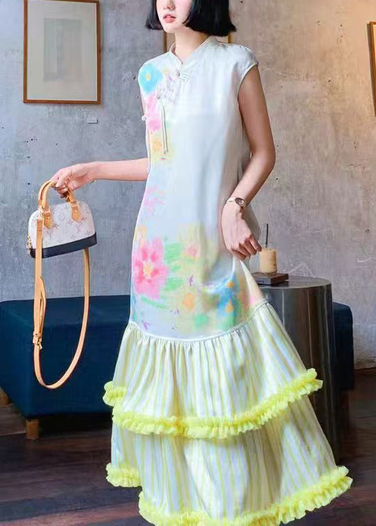 Chinese Style Stand Collar Print Ruffled Silk Long Dresses Summer