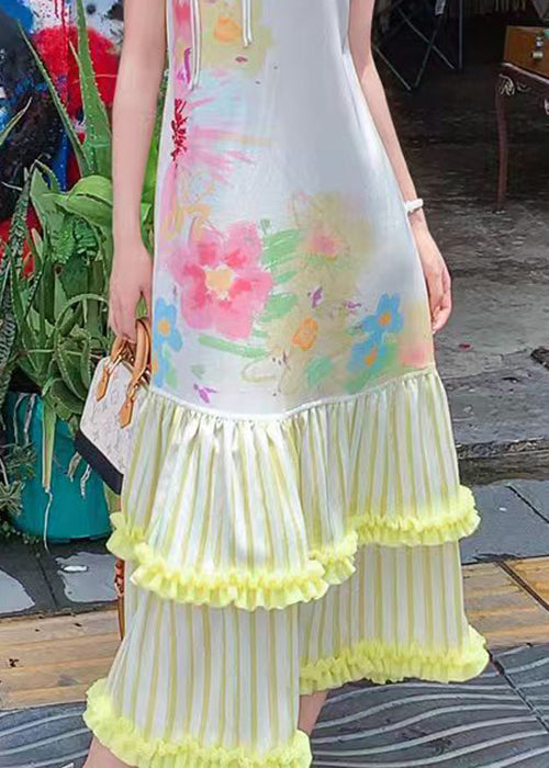 Chinese Style Stand Collar Print Ruffled Silk Long Dresses Summer