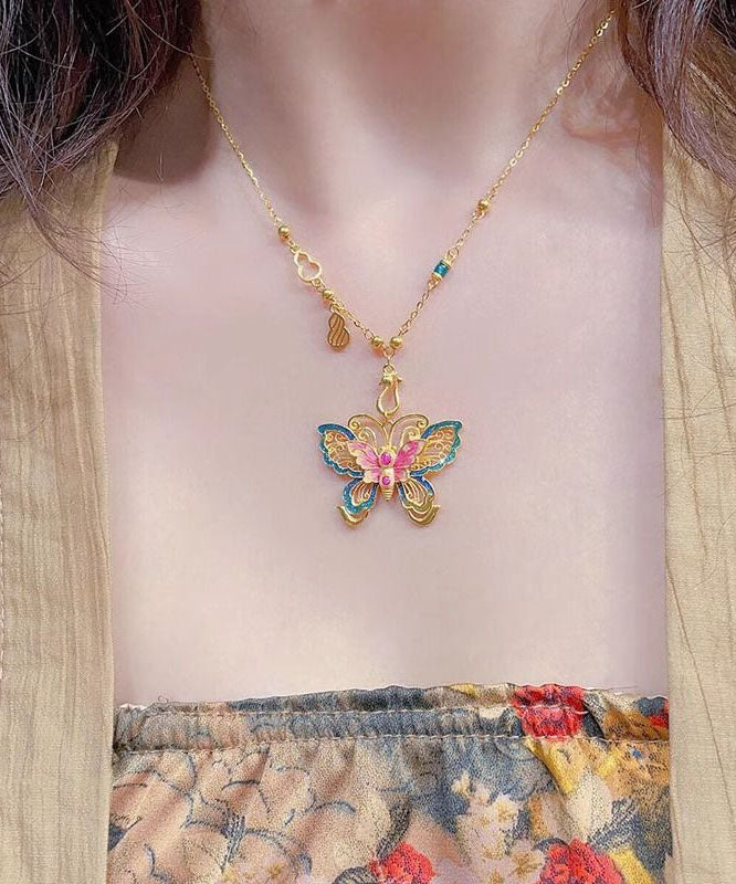 Chinese Style Sterling Silver Overgild Enameling Butterfly Pendant Necklace