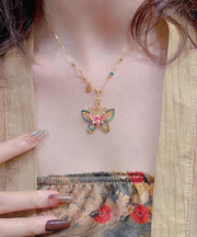 Chinese Style Sterling Silver Overgild Enameling Butterfly Pendant Necklace