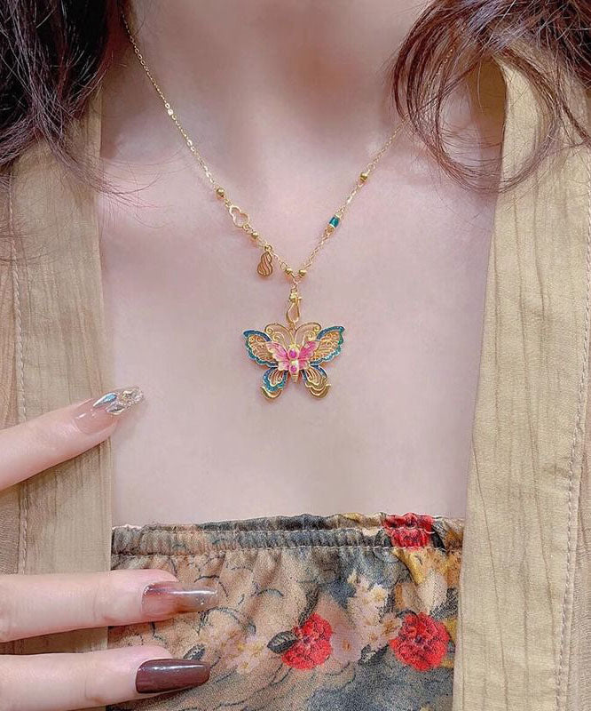 Chinese Style Sterling Silver Overgild Enameling Butterfly Pendant Necklace
