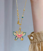Chinese Style Sterling Silver Overgild Enameling Butterfly Pendant Necklace