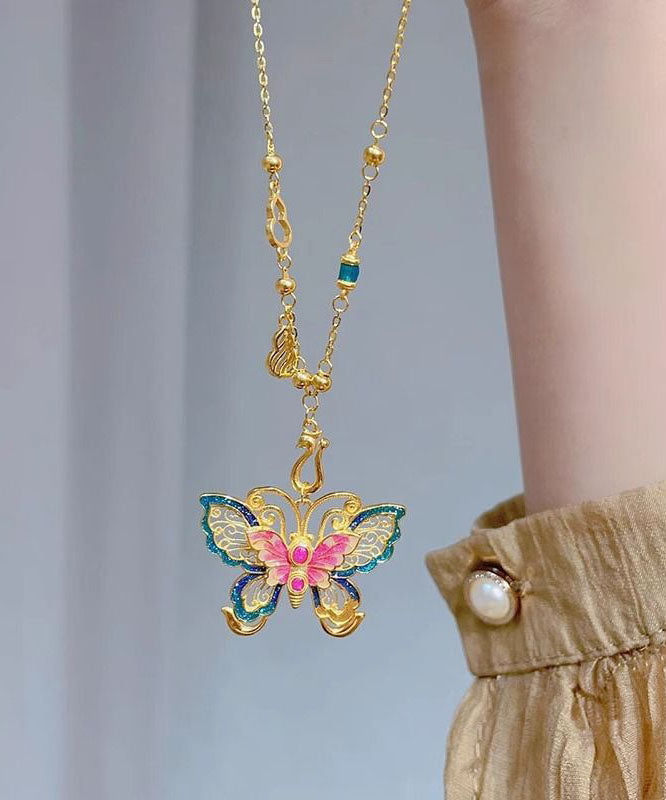 Chinese Style Sterling Silver Overgild Enameling Butterfly Pendant Necklace