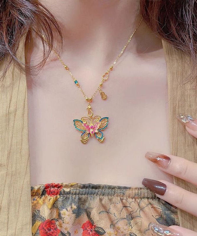 Chinese Style Sterling Silver Overgild Enameling Butterfly Pendant Necklace