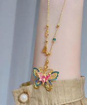 Chinese Style Sterling Silver Overgild Enameling Butterfly Pendant Necklace