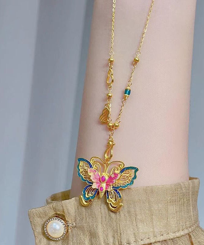 Chinese Style Sterling Silver Overgild Enameling Butterfly Pendant Necklace