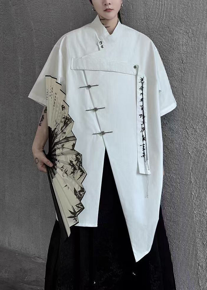 Chinese Style White Asymmetrical Button Cotton Men Shirts Summer