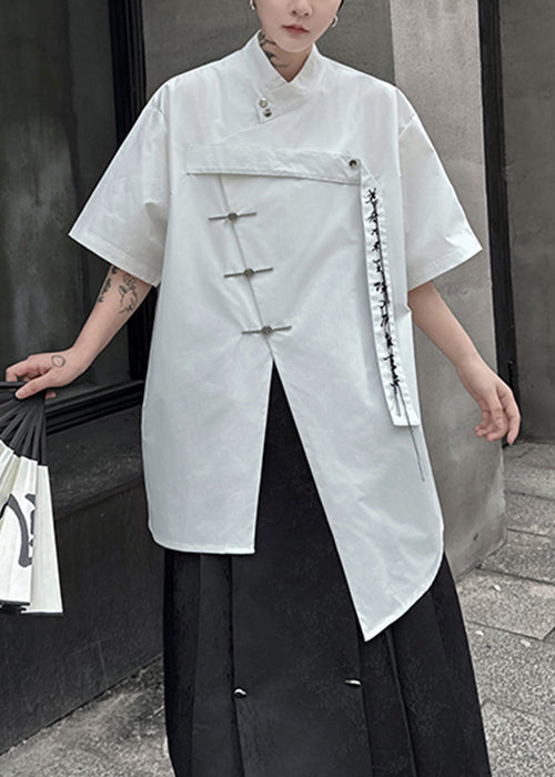 Chinese Style White Asymmetrical Button Cotton Men Shirts Summer