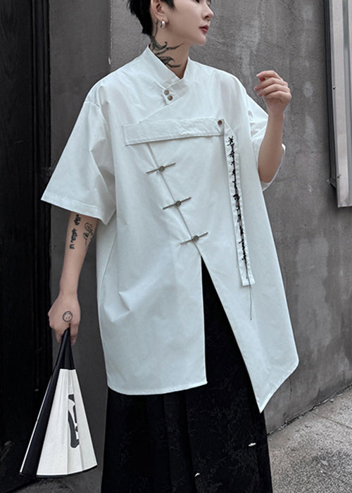 Chinese Style White Asymmetrical Button Cotton Men Shirts Summer