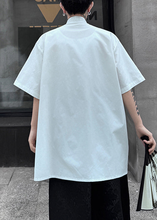 Chinese Style White Asymmetrical Button Cotton Men Shirts Summer