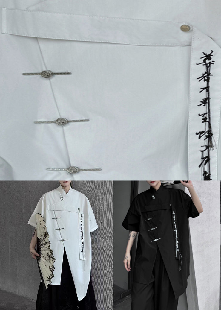 Chinese Style White Asymmetrical Button Cotton Men Shirts Summer