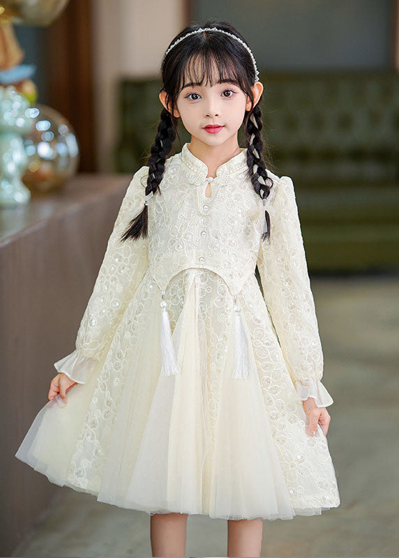 Chinese Style White Asymmetrical Nail Bead Tulle Girls Maxi Dress Flare Sleeve