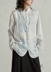 Chinese Style White Embroidered Button Organza Shirts Long Sleeve