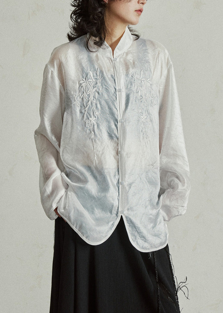 Chinese Style White Embroidered Button Organza Shirts Long Sleeve