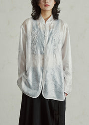 Chinese Style White Embroidered Button Organza Shirts Long Sleeve